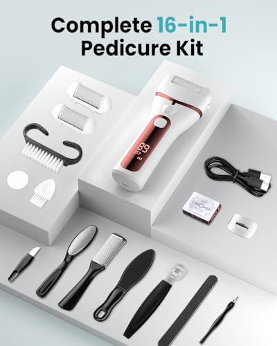 PUBOO Foot Callus Remover Electric 10000 RPM 3-Speed IPX7 Recharge Pedicure Kit for Hard Skin Women & Men Portable Multi-Roller File Grinder Sander Scrubber, LED Display for Wet & Dry Mathers Day Gift Red