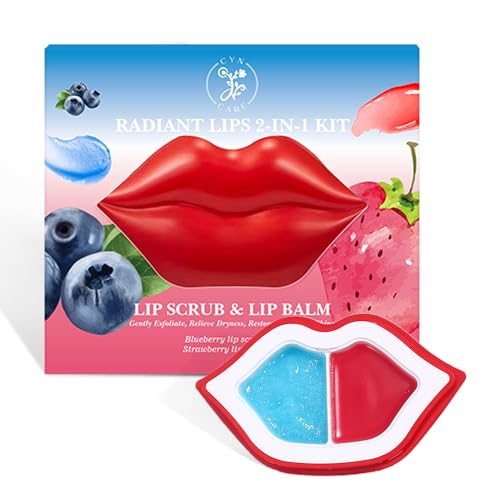 2 in 1 Lip Care Kit with Blueberry Lip Scrubber Exfoliator 28g and Strawberry moisturizing lips balm 20g – lip lightening for dark lips, Dry, Chapped, Cracked Lips (48g) Strawberry And Blueberry