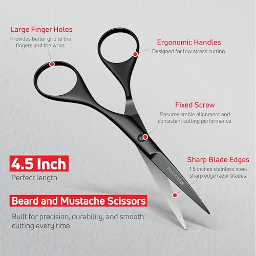Suvorna Premium Beard & Mustache Set with Beard scissors for men, Straight Razor with blades- Facial Hair/Nose/Eyebrow Scissors - Slant Tweezers (6 Pcs Black) 4.5" Beard & Mustache Scissors