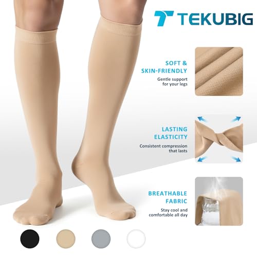 Tekubig 3 Pairs Medical Women Men Compression Socks Knee High 20-30 mmhg Graduated Stocking Support Hose Cute for Running Travel Small-Medium NUDE
