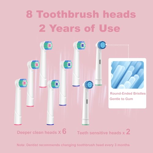Rotating Electric Toothbrush for Adults with 8 Brush Heads, Rechargeable Power Toothbrush with Smart Timer, 70-Day Battery Life, 3 Modes S3 (Pink) Pink