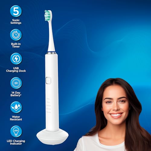 Miracle Smile Sonic Toothbrush, 40,000 VPM Electric Toothbrush with 5 Cleaning Modes, Includes 6 Brush Heads, USB Dock & Travel Case, Cordless, Water Resistant Rechargeable Toothbrush