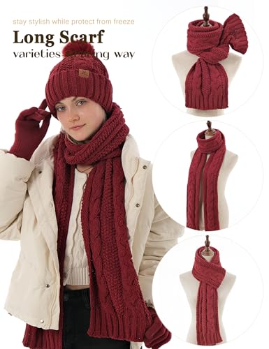 Hat Scarf And Gloves Set For Women, Womens Beanie Hats Thermal Touchscreen Gloves Scarf Scarves, Winter Accessories Sets Burgundy