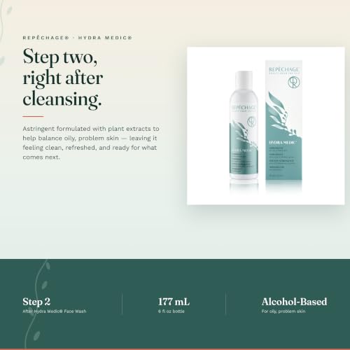 Repechage Hydra Medic Facial Toner & Astringent for Oily Skin with Green Tea, BHA Salicylic Acid, Seaweed Extracts & Willow Bark – Clarifying, Pore Minimizing, Balancing Toner for Face, 6 fl oz