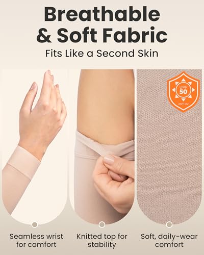 KEMFORD Lymphedema Compression Arm Sleeves for Women - 15-20 mmHg, Silicone Grip, 1 Pair - Arm Support for Swelling & Edema Beige S/M