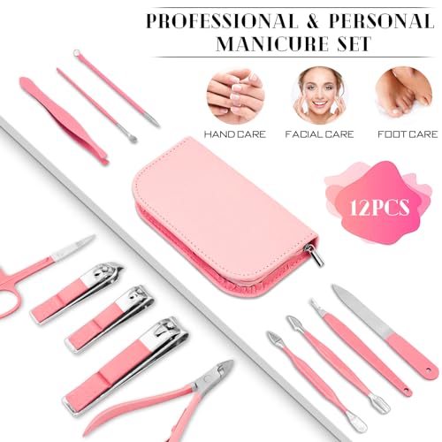 BLESWIN Manicure Pedicure Set, 12 Pcs Nail Care Kit for Women, Mens Nail Grooming Kit, Manicure & Pedicure Tools & Accessories, Pink Nail Kit Manicure Set Luxury Leather Case for Home Salon Use 1-Pink