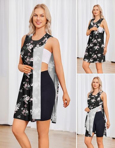 Deyeek Women's Post Shoulder Surgery Dress Tear Away Sleeveless Dress Side Full Open Chemo Port Adaptive Nightgown Black Print Medium