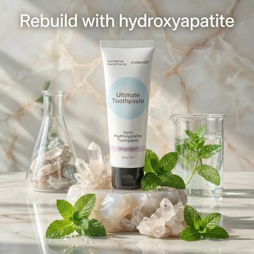 envitamin Fluoride Free Nano Hydroxyapatite Ultimate Toothpaste for Remineralizing Enamel & Sensitive Relief, Whitening, Antiplaque, SLS Free, Fresh Mint, 4 oz (3 Tubes, Fresh Mint) 4 Ounce (Pack of 3)