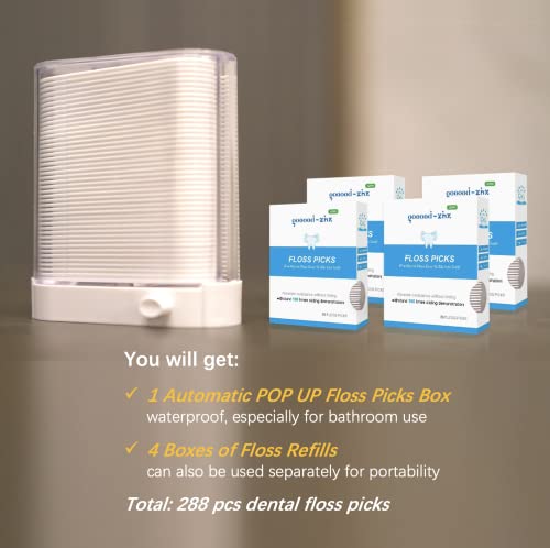 Automatic Pop Up Floss Sticks Holder and 4 Box 0.002in Soft Fine Floss, A Good Waterproof Storage Box for Floss Picks, Flossers for Adults Dispenser for Dining Table, Bathroom and Office 288