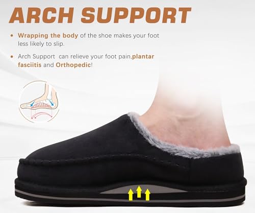 KuaiLu Mens Slippers Orthopedic Arch Support Suede Fluff Plush Home Shoes 12 Black