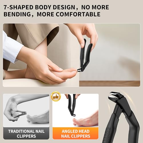 ZIZZON Ergonomic Non-Slip Long Handle Nail Clippers for Seniors – Angled Head with Wide Jaw, Built in Catcher for Thick Toenails and Fingernails