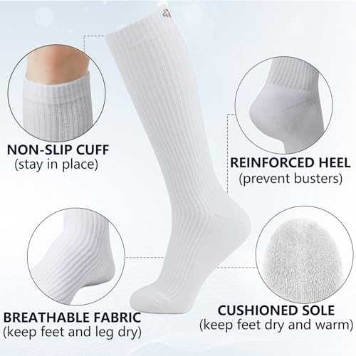 '+MD Cotton Compression Socks for Women & Men 4/6 Pairs 15-20mmHg Knee High for Sports, Travel, Nursing Long Sitting Standing 9-11 4 Pairs White Cushion 15-20mmhg