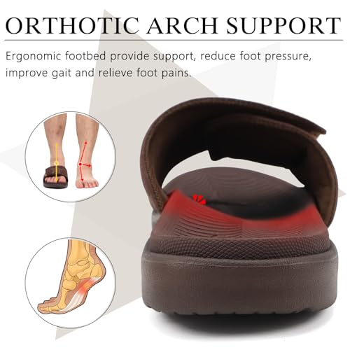 KuaiLu Mens Athletic Slides Wide Adjustable Arch Support Sport Sandals 11.5 Dark Brown