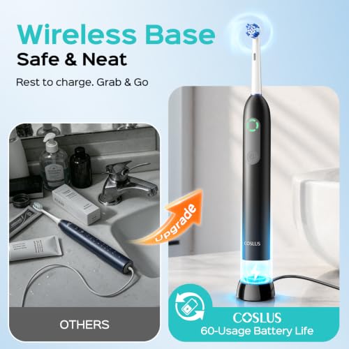 COSLUS C60 Rechargeable Rotating Electric Toothbrush for Adults Deep Clean Black
