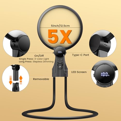 5X Large Rechargeable Hands Free Magnifying Glass with Light for Close Work Black