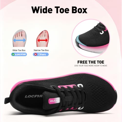 Womens Wide Orthopedic Walking Shoes with Cushioned Arch Support Lace-Up Running Sneakers 7 Wide Black/Pink