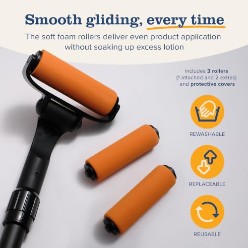 EZPIK Lotion Applicator for Back with 2 Replacement Foam Rollers, Extendable up to 23" - Curved Back Lotion Applicator for Elderly & Seniors with Limited Mobility, Body Cream & Sunscreen Applicator Black