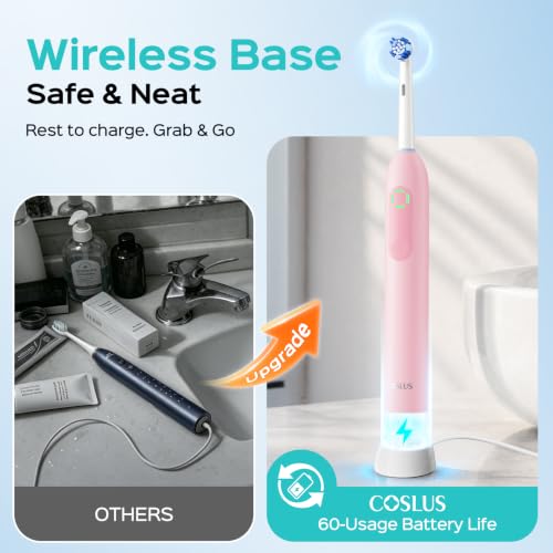 COSLUS C30 Electric Toothbrush for Adults & C60 Rechargeable Rotating Electric Toothbrush for Deep Clean Pink 2Pcs