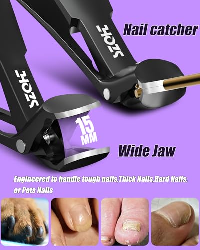 2025 Upgrade Angled Head Nail Clippers for Men, SZQHT Toenail Clippers for Seniors Thick Toenails, Large Toe nail Clippers with Catcher, Extra Wide Handle, Sharp Heavy Duty Stainless Steel Nail Cutter Black