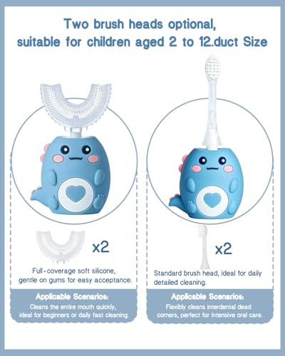 Kids Electric U Shaped Toothbrush for Ages 2-12, Sonic 360º Cleaning Toothbrush with 4 Brush Heads, 3 Modes, 50s Timer, IPX7 Waterproof, Cartoon Dinosaur Design, Gift for Boys & Girls (Blue) Blue