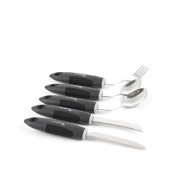 Restaurantware Adaptive Utensils - 1 count Stainless Steel, 9.84 x 5.12 x 1.57 Inches, Ergonomic Eating Aids, Non-Slip Utensil Set for Arthritis, Secure Grip Design, Black 5-Piece, Right Hand