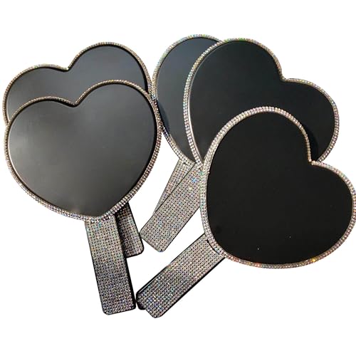 Generic Luxury 2 Pc Bling Diamond Rhinestone Heart Shaped Handheld Cosmetic Travel Mirror (Pink and Black)