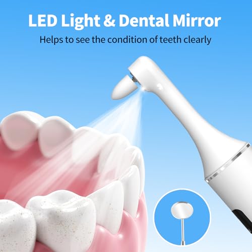 Tooth Polisher, Rechargeable Teeth Cleaning Tools for Tooth Polish and Whitening, Electric Teeth Cleaner with 3 Pastes, 5 Speeds, 6 Heads & LED Light, Waterproof Personal Dental Care Kit for Home Use White