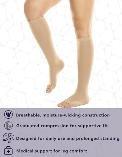 '+MD 2 Pairs 20-30 mmHg Compression Socks for Women & Men, Knee High Open Toe Stockings, Graduated Support & Comfort Hose Large 2 Pairs Nude