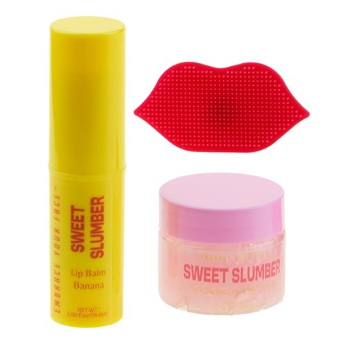 3pc Lip Care Set – Pout Perfection Strawberry Lip Scrub, Banana Lip Balm, and Silicone Lip Scrubber Tool – Exfoliating & Moisturizing Lip Treatment Kit – 0.95 Oz Tota