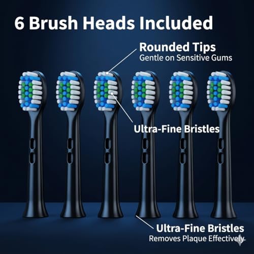 Oralflipp Sonic Electric Toothbrush - Smart LED Display & Visual Pressure Sensor, 40,000 VPM Power Toothbrush with 5 Modes, 6 Brush Heads & Inductive Charging Base, 6 Brush Heads,Black