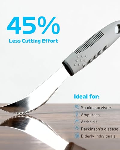4-Piece Adaptive Utensils Set with Rocker Knife & Shovel Spoon - 42° Angled Parkinsons Utensils, 2.5 oz Weighted Silverware for Hand Tremors and Arthritis, Adaptive Eating Utensils (Grey Right-handed) Light (Weighted) – 2.5 Ounce