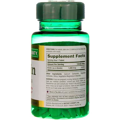 Nature's Bounty Energy Health Biotin Coated Tablets, 1000 mcg, 100 Ct (1 Pack) 1 Count (Pack of 100)