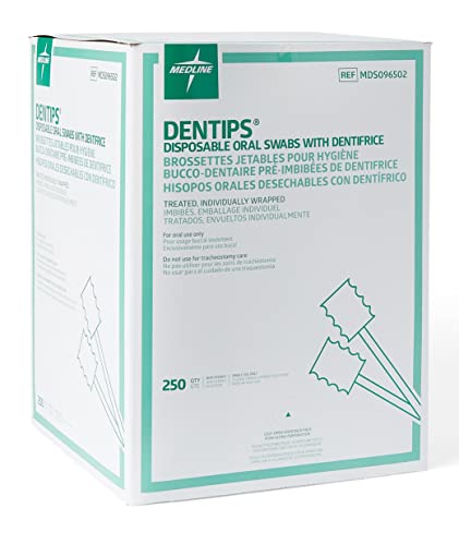Medline Dentips Disposable Oral Swabsticks, Adult Mint Dentifrice-Treated, Green, 250 Count Treated (250 Count)