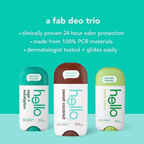 Hello Activated Charcoal Toothpaste 3 Pack and Hello Deodorant Variety Pack with Sweet Coconut, Fresh Citrus, White Sage Eucalyptus, 3 Pack