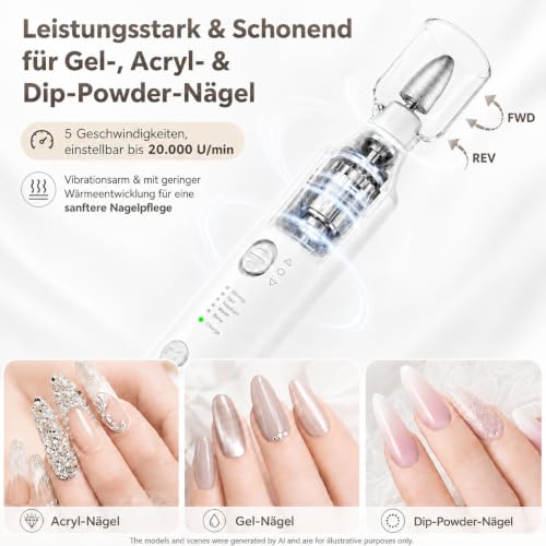 Manicure Pedicure Kit, Electric Nail File Set, 5 Speeds for Thick Nails Pearl White