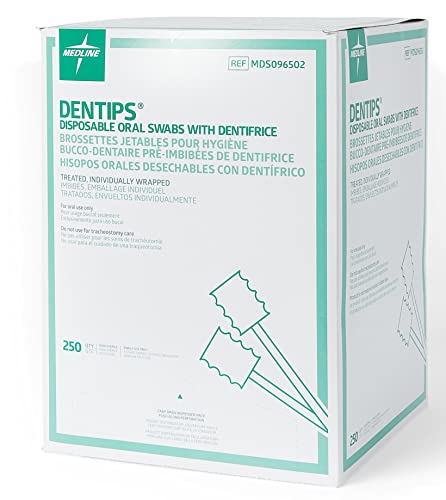 Medline Dentips Disposable Oral Swabsticks, Adult Mint Dentifrice-Treated, Green, 250 Count Treated (250 Count)