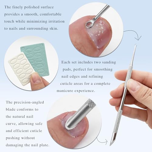 Stainless Steel Dual-Ended Cuticle Prep Tool with 100 & 180 Grit Sandpaper, Professional Manicure & Pedicure Nail Pusher
