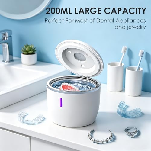 Ultrasonic Retainer Cleaner Machine 45kHz 200ML 4 Modes Dental Cleaning Pod for Dentures Retainers Aligners Jewelry (White) White