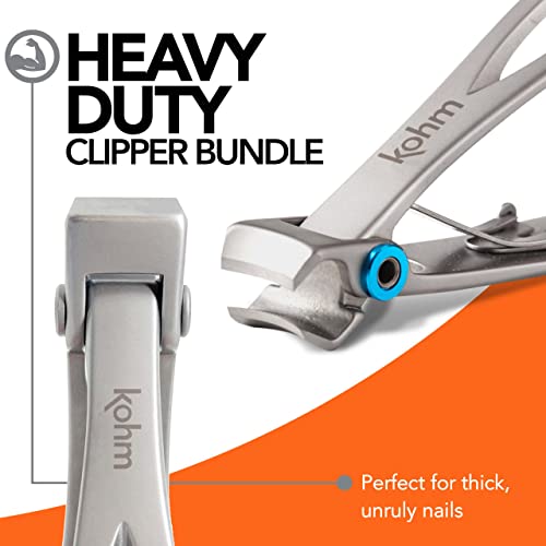 KOHM Nail Clippers Set for Thick Nails - Heavy Duty, Wide Mouth Professional Fingernail and Toenail Clippers for Men, Women & Seniors, Silver