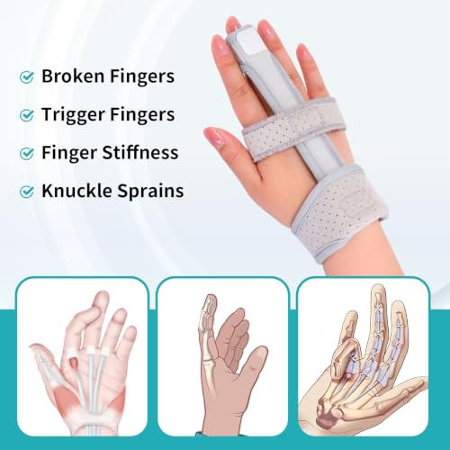 Single Trigger Finger Splint For Child, Aluminum Finger Brace Joint Stabilizer, Adjustable Composite Fabric Hand Brace and Wrist Brace Support for Middle, Index, Pinky or Ring Finger Support (Gray-M) Medium