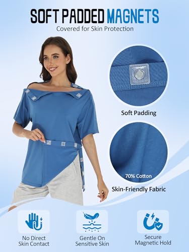 Magnetic Post Surgery Shirt for Men Women Tear Away Clothing Easy One-Handed Dressing Shoulder Surgery IV Access Dialysis 4X-Large Medical Blue