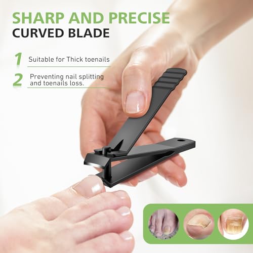 BALUCA Curved Toenail Clipper for Thick Nails, Heavy Duty Stainless Steel Toe Nail Clippers for Seniors, Men & Women, Stainless Steel Nail Cutter for Accurate Trimming and Grooming (All Black) All Black