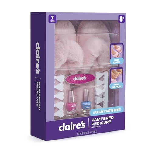 Claire's Kids Pedicure Kit, 7-Piece Home Spa Set with Fuzzy Slippers, Nail Polish, Toe Separators & Nail File, Kids Pedicure Tools for Feet, Girl Toys & Beauty Activity, Gift for Girls Age 8+