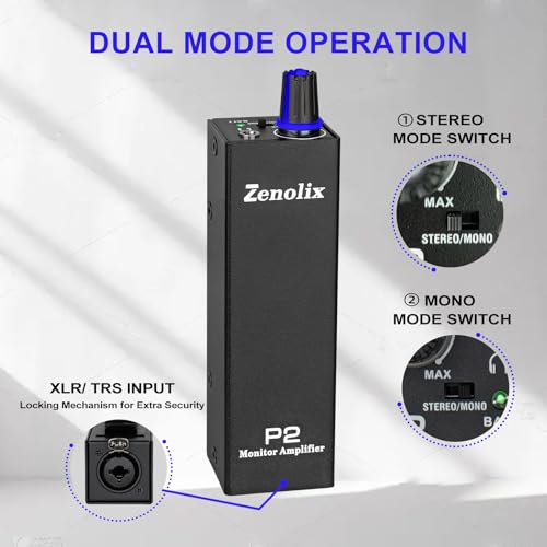 P2 Portable In Ear Monitor Amplifier, Headphone Amp with XLR/TRS Inputs 3.5mm Output, Enhanced Sound Quality, Durable Belt Clip, Guitar Headphone Amplifier with Stereo/Mono Switch for Performers,Black Black
