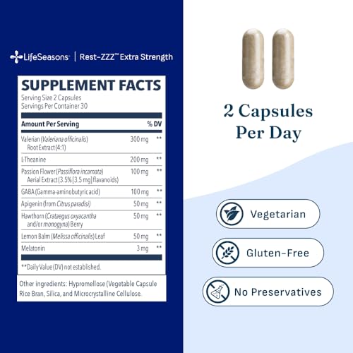 Rest-ZZZ Extra Strength - Sleep Support Supplement - Fall Asleep & Stay Asleep - Calms Nervous System - Naturally Ease Muscle Tension & Restlessness - Low Dose Melatonin GABA & Apigenin - 60 Capsules 60 Count (Pack of 1)