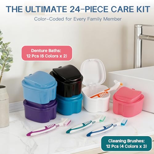 24 Pack Denture Cases and Brushes with Strainer Baskets for Travel