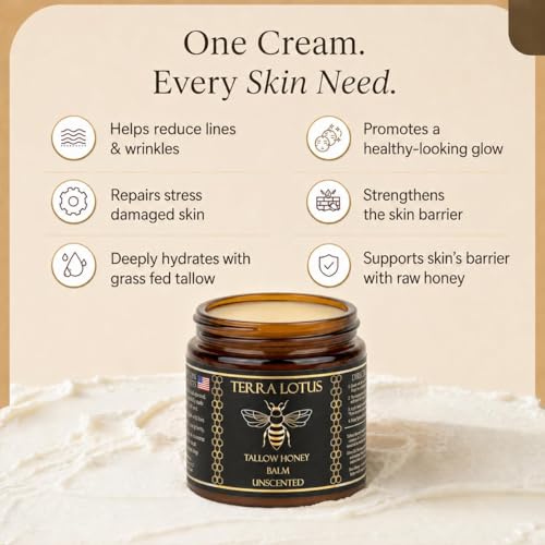 Terra Lotus - Organic Grass-Fed Beef Tallow Balm with Raw Honey - Moisturizing Cream - Handmade All-Natural Moisturizer (4 Oz, Unscented) 4 Fl Oz (Pack of 1)
