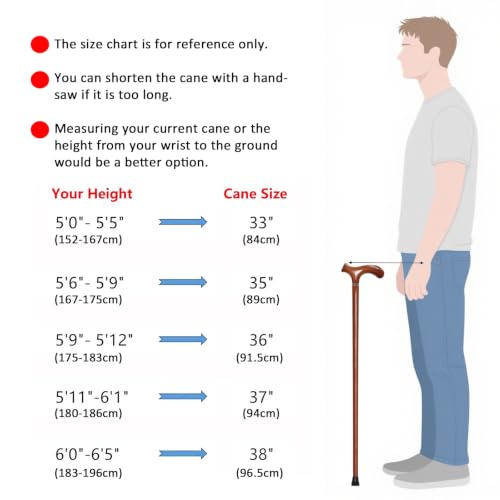 Wooden Walking Cane with 5 Height for Men and Women, Handmade Wood Cane with Comfort Grip Handle, Supportive Mobility Aid for Seniors, Fashionable & Classic Lightweight Stick Brown 35"(for 5'6" to 5'9")