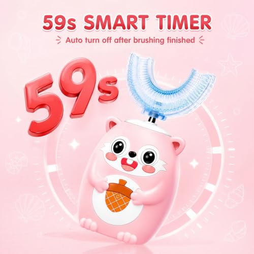 Kids U-Shaped Automatic Electric Toothbrush, Children’s 360° Mouthpiece Design for Full-Mouth Cleaning, 3 Cleaning Modes, Cute Animal Squirrel Style Pink