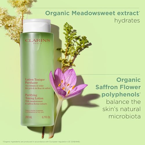 Clarins Purifying Toning Lotion | Less Oily Skin After 14 Days of Use* | Cleanses, Hydrates, Purifies, Mattifies and Balances Skin's Microbiota | Contains Witch Hazel | Combination To Oily Skin Types 6.7 Fl Oz (Pack of 1)